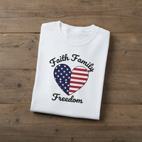 Load image into Gallery viewer, Faith Family Freedom with heart flag ~Soft Cotton T-shirt